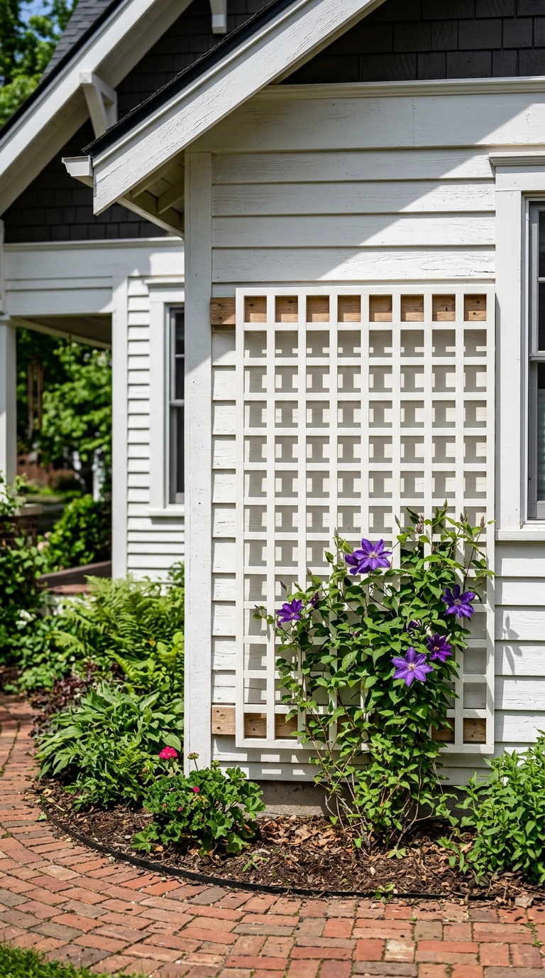 White square lattice trellis mounted on spacer blocks off bungalow siding with climbing clematis