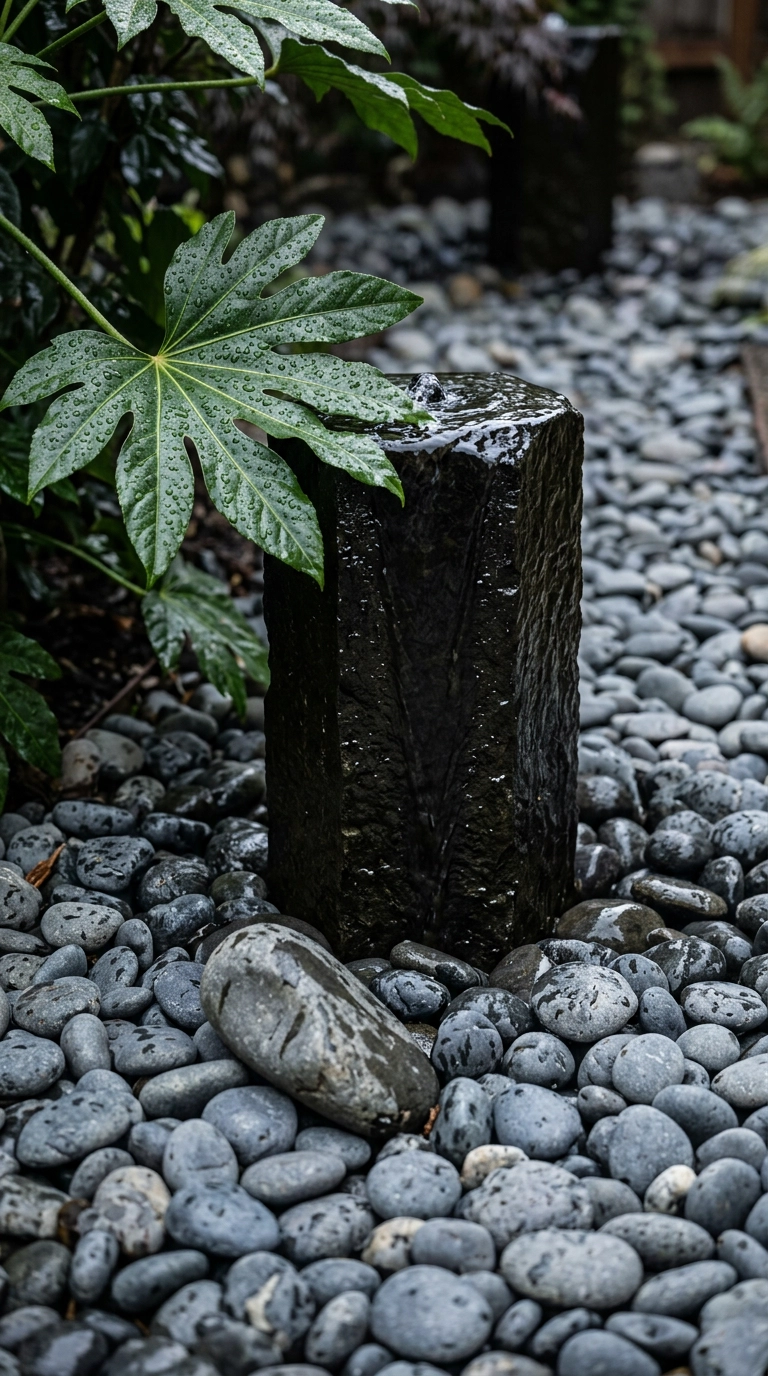 Water running down a drilled basalt column into a bed of river stones