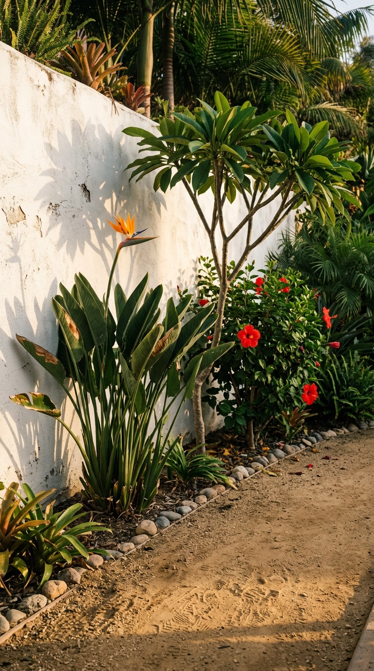 Bird of paradise, plumeria, and hibiscus planted along a white stucco wall