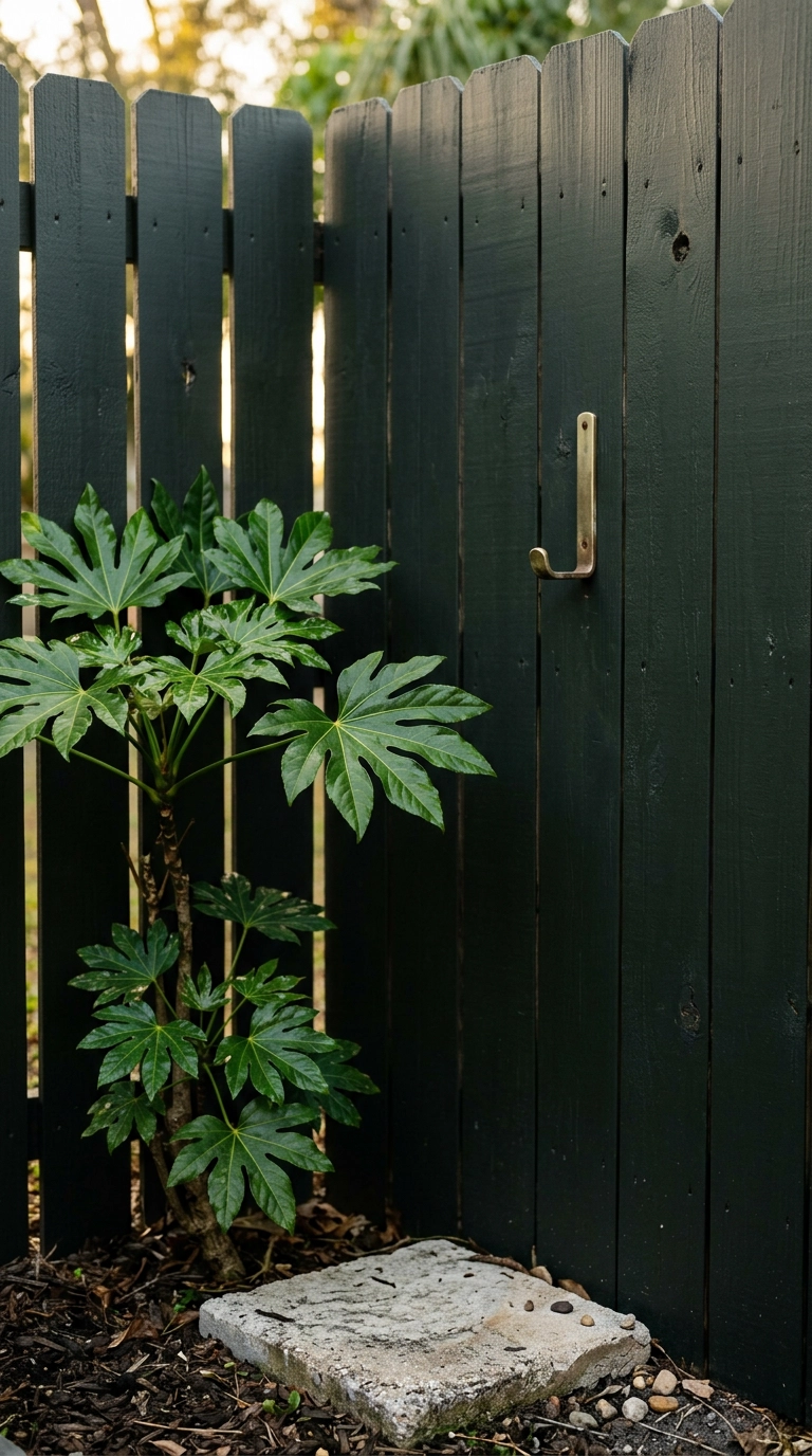 Fatsia japonica silhouetted against a fence painted deep near-black green
