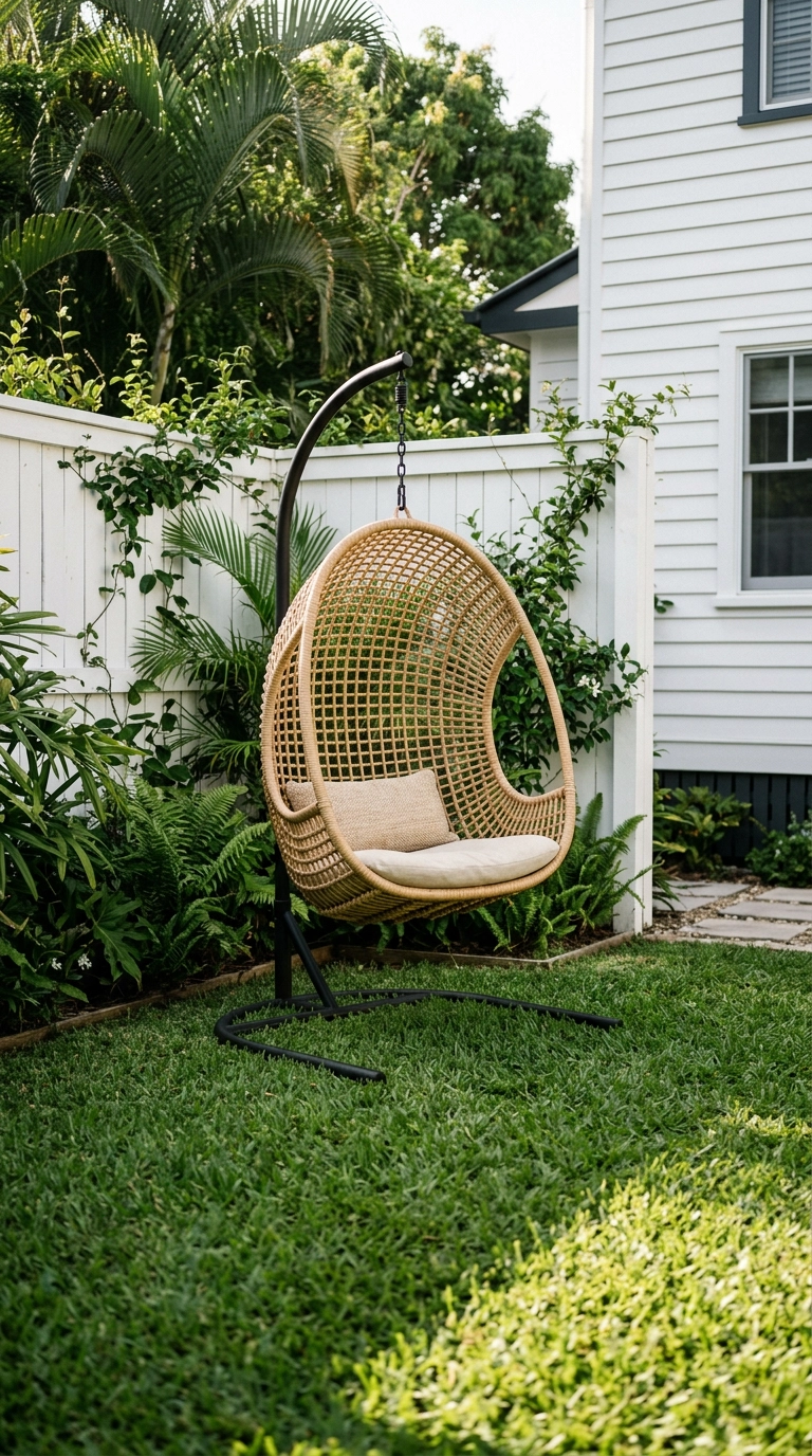 Woven hanging egg chair on a black steel stand in the corner of a fenced lawn