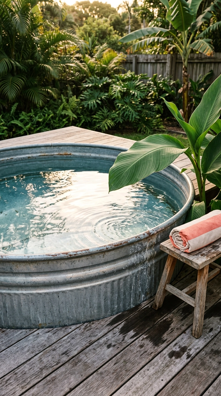 Galvanized stock tank plunge pool set into a cedar deck with a canna leaf overhead