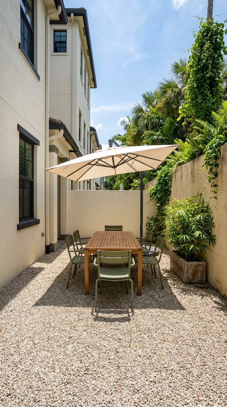 Teak dining table and olive aluminum chairs under a natural canvas cantilever umbrella