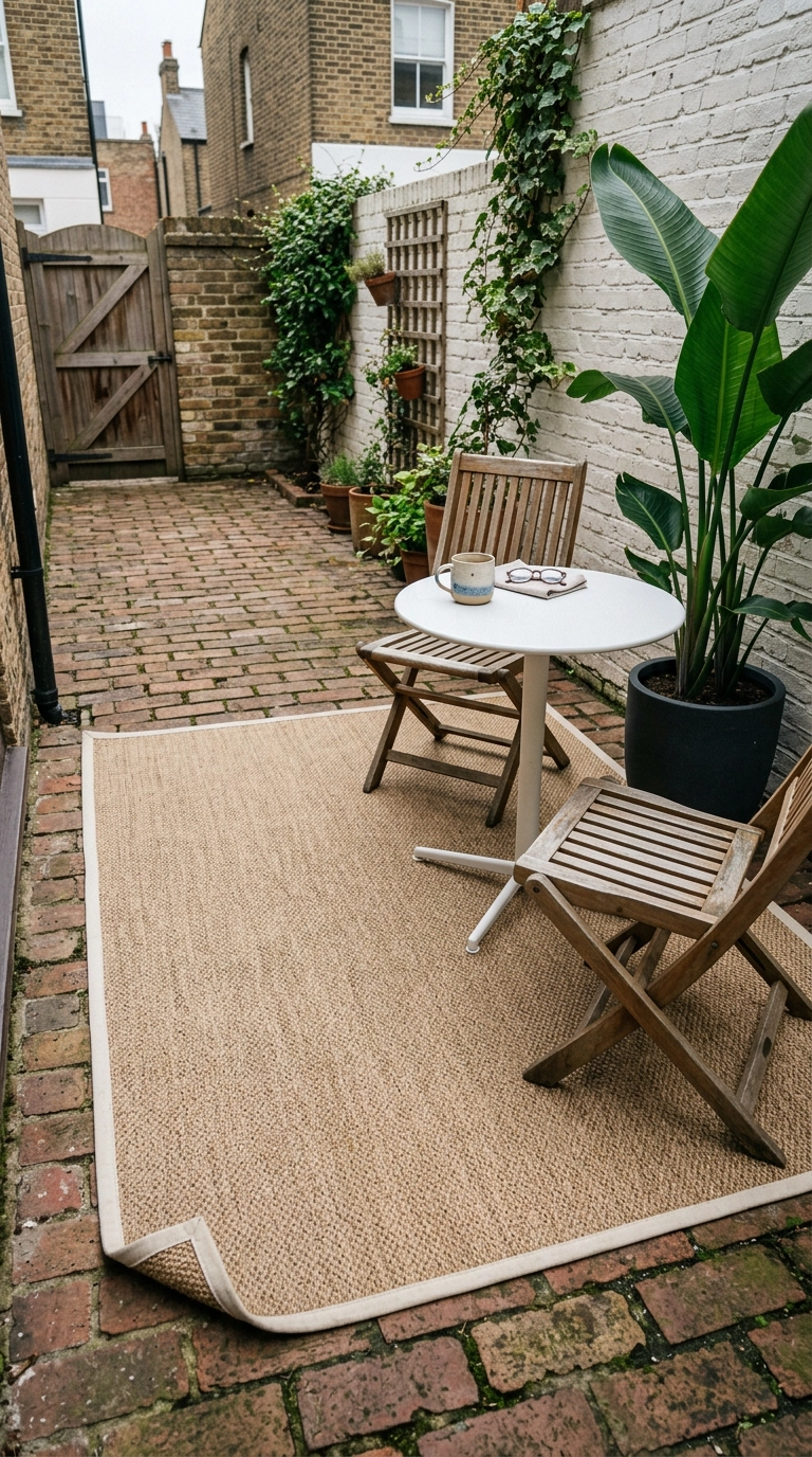 Large natural-fiber outdoor rug on a brick townhouse patio with a white bistro set