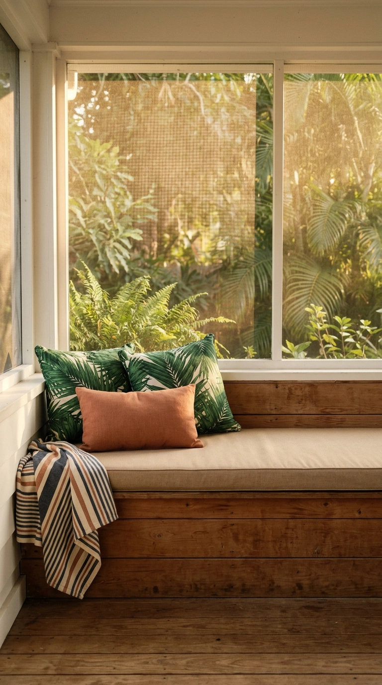 Cedar bench with sand cushion, two palm-print pillows, and one terracotta lumbar pillow
