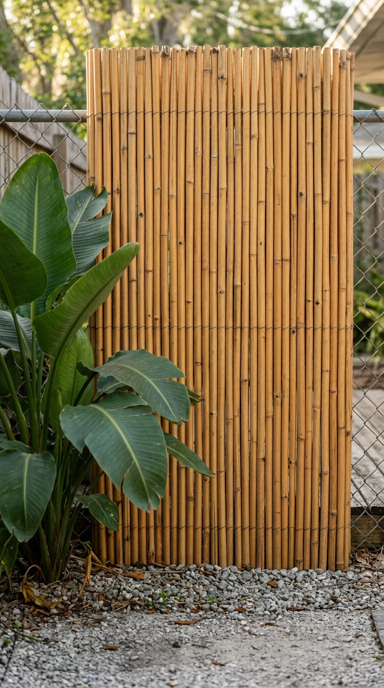 Rolled bamboo screening attached over a chain-link fence beside a hardy banana clump