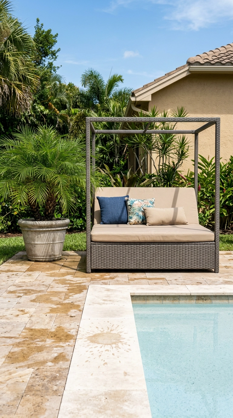 All-weather wicker canopy daybed beside travertine pool coping with a pygmy date palm