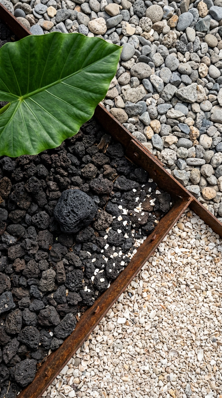 Black lava rock and crushed shell separated by rusted steel edging with one large leaf