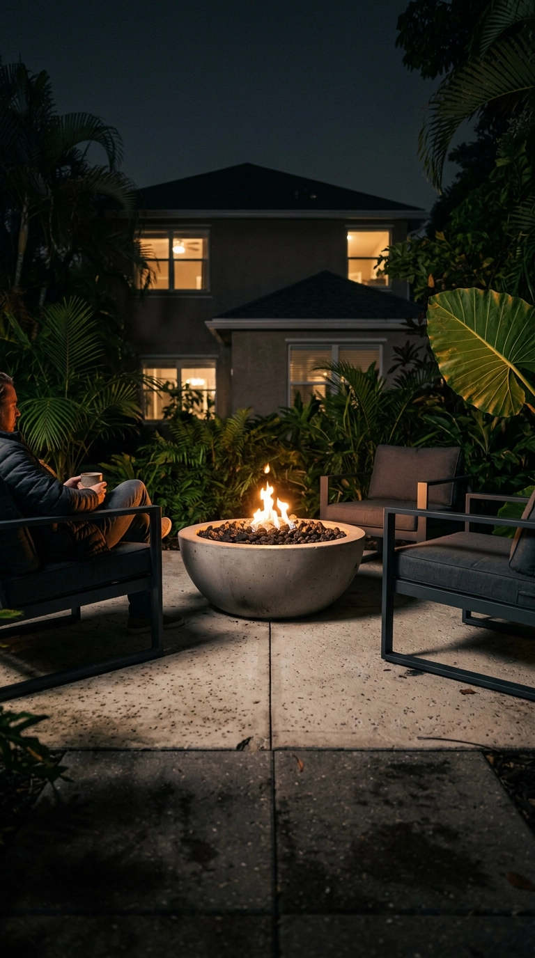 Concrete gas fire bowl with black lava rock lit at night on a paver patio