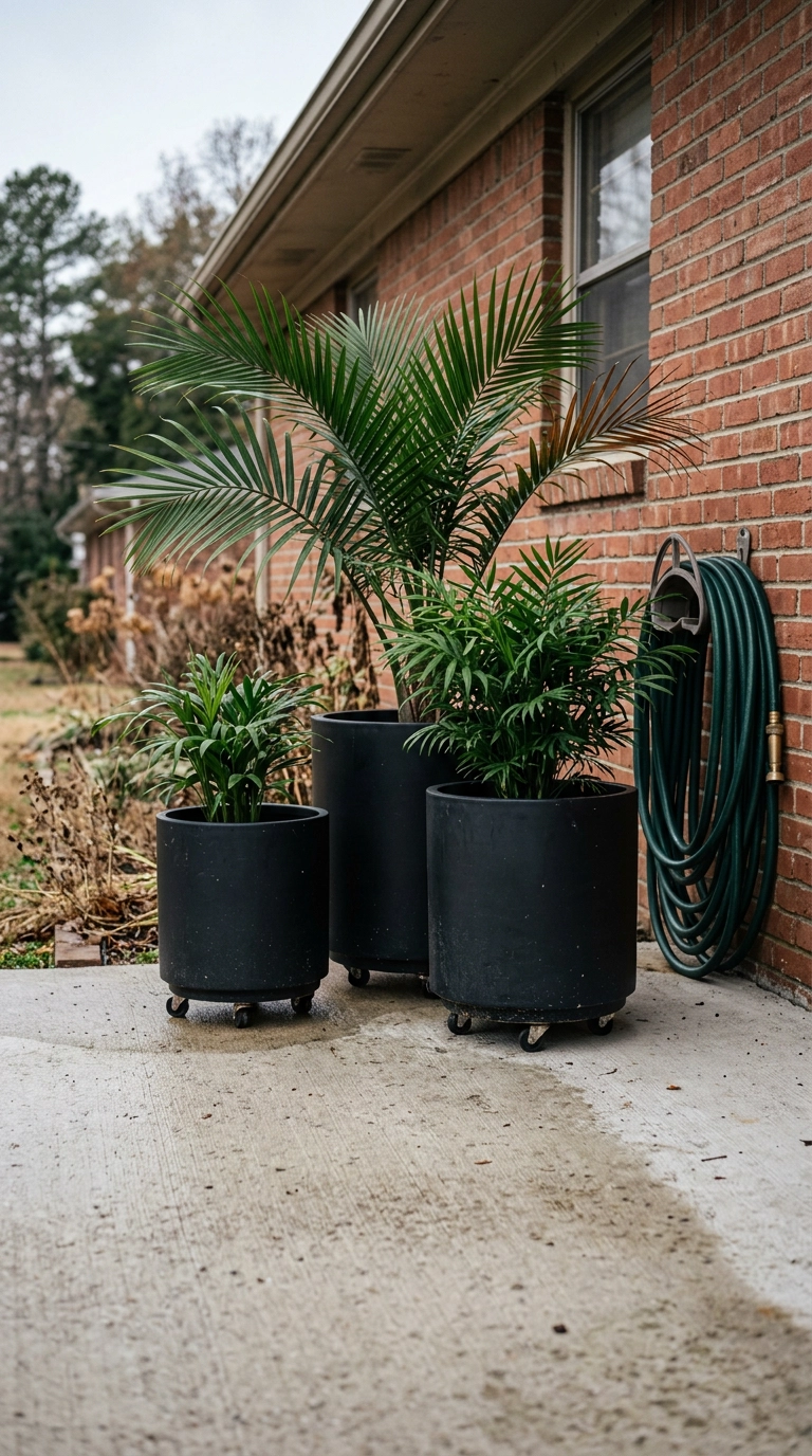 Three black planters with palms on hidden casters against a red brick patio wall