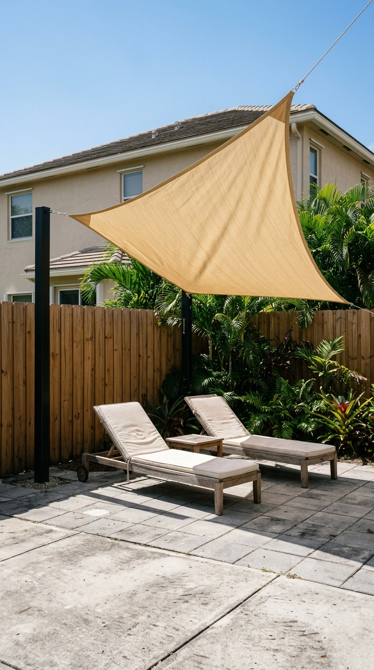 Sand canvas shade sail stretched over a paver patio with two teak lounge chairs