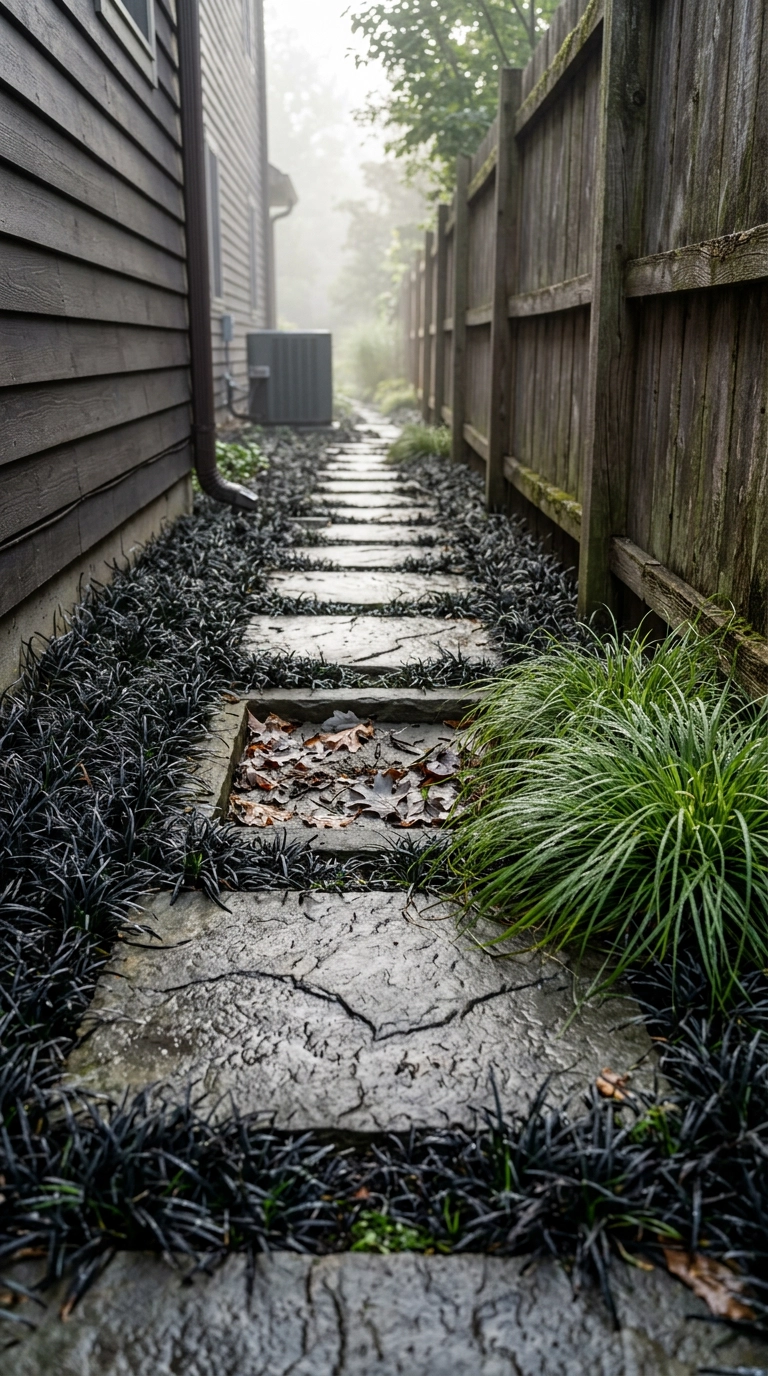 Bluestone stepping stones set into dark mondo grass down a narrow side yard path