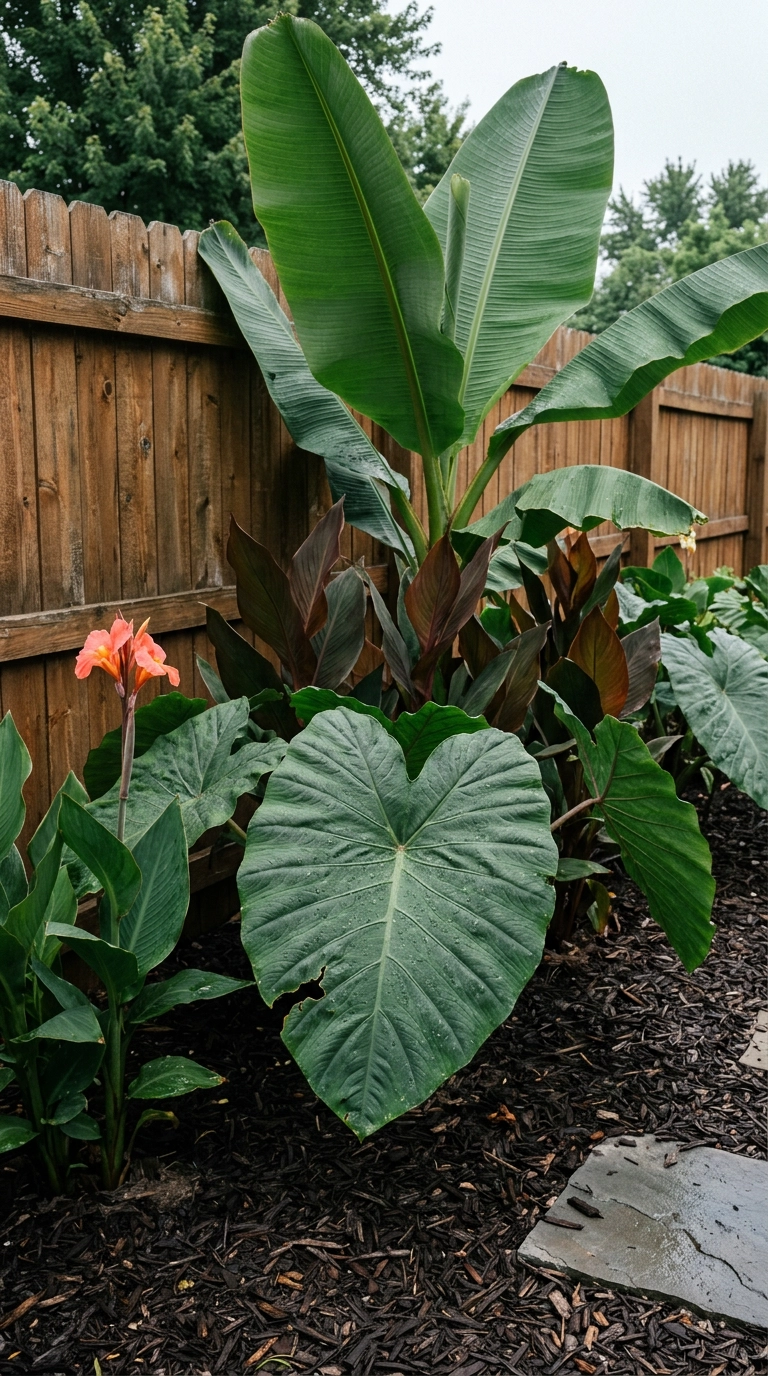 Hardy banana, canna, and elephant ear planted along a cedar fence in a cold-climate yard