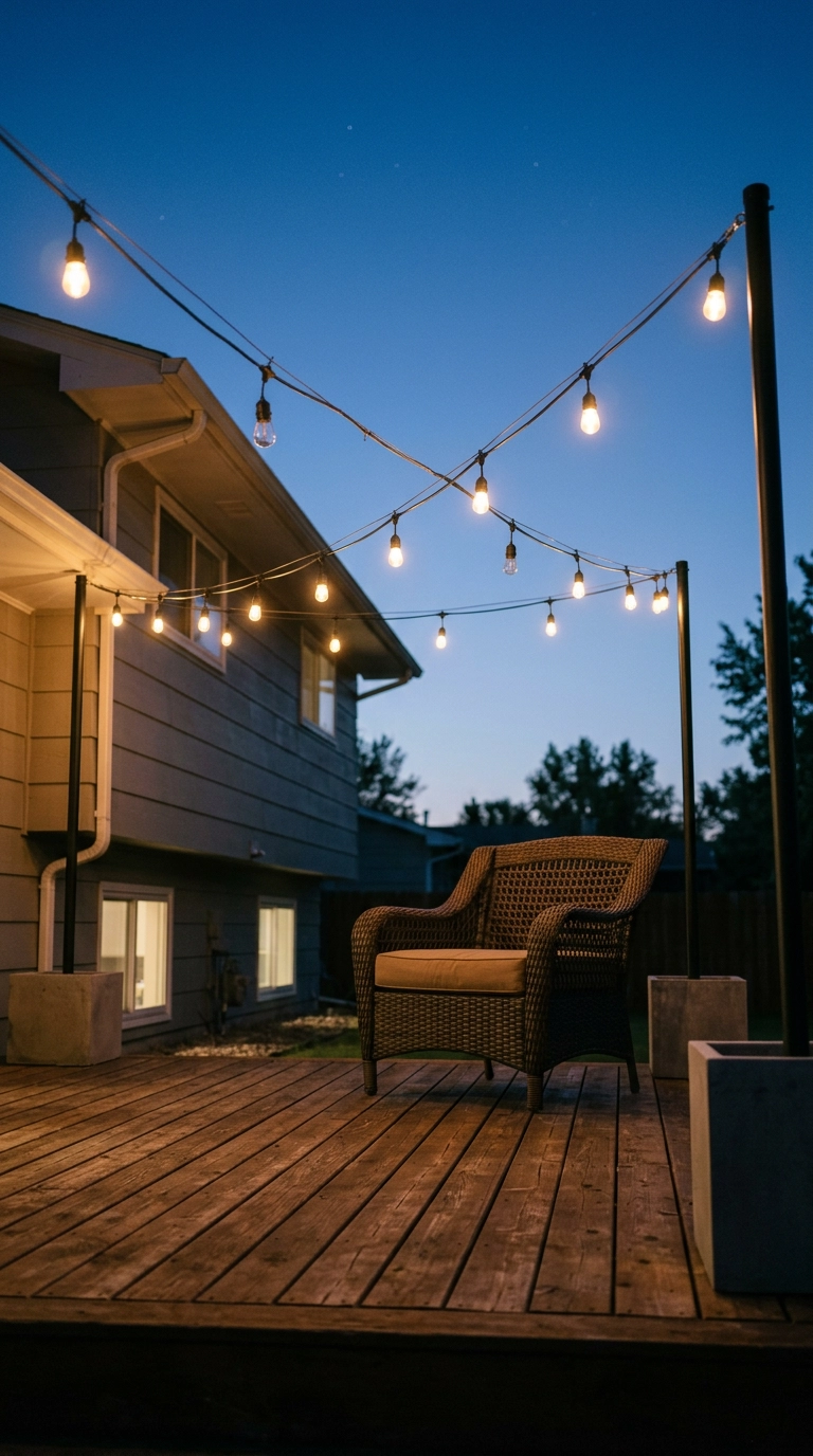 Two crossing runs of warm bistro string lights over a small cedar deck at blue hour