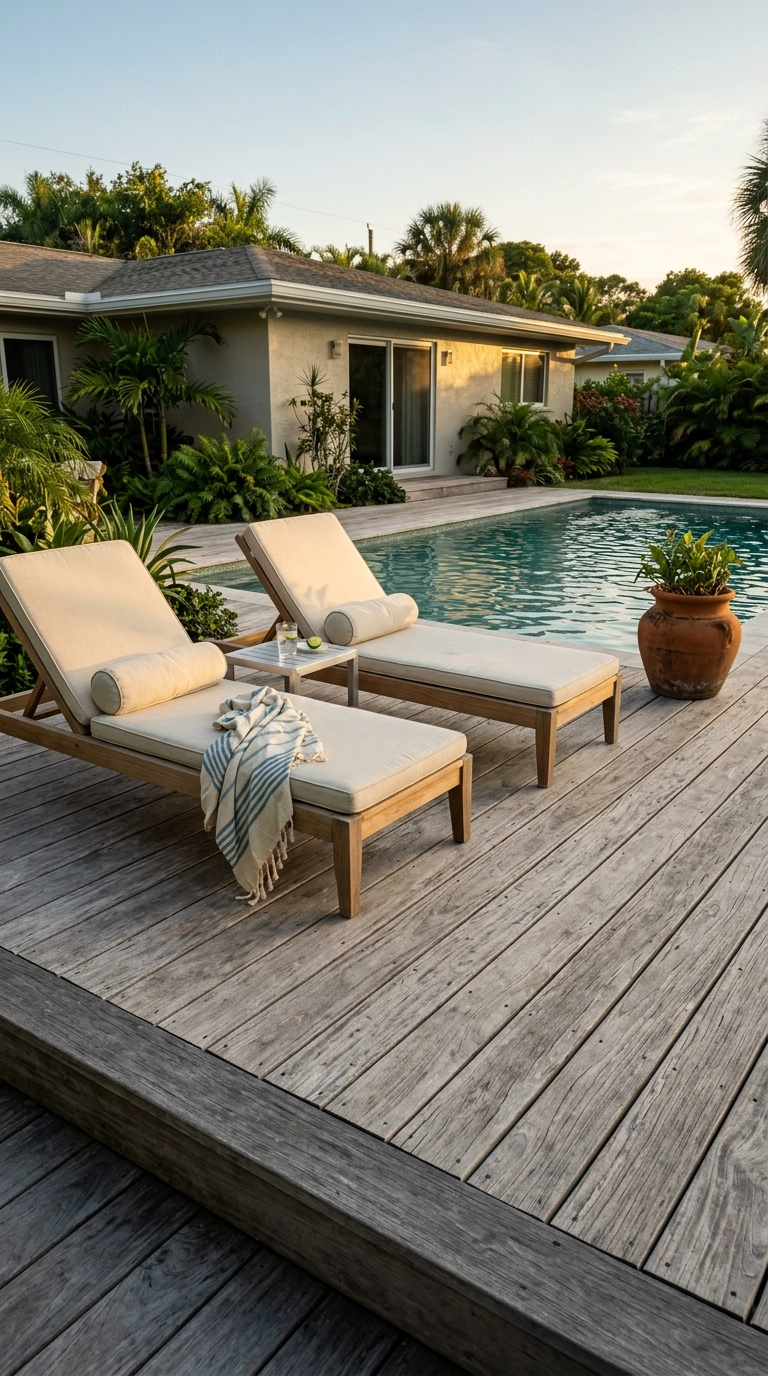 Two teak steamer loungers with cream canvas cushions on a weathered pool deck