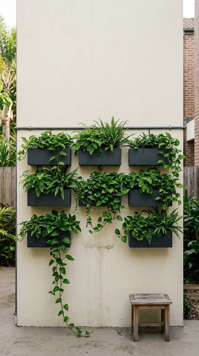 Grid of six charcoal wall planters with trailing greenery on a cream stucco patio wall