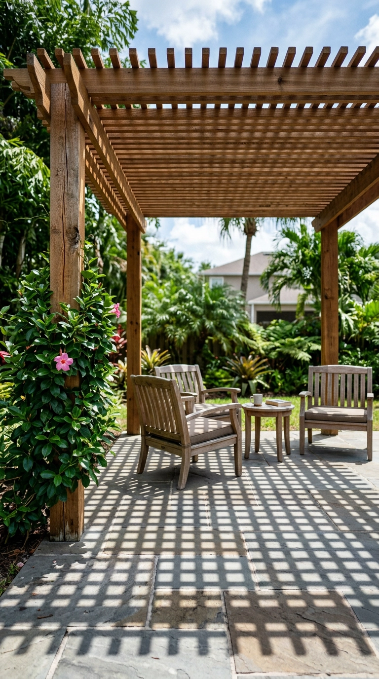 Cedar pergola with slatted roof casting striped shadows on a bluestone patio