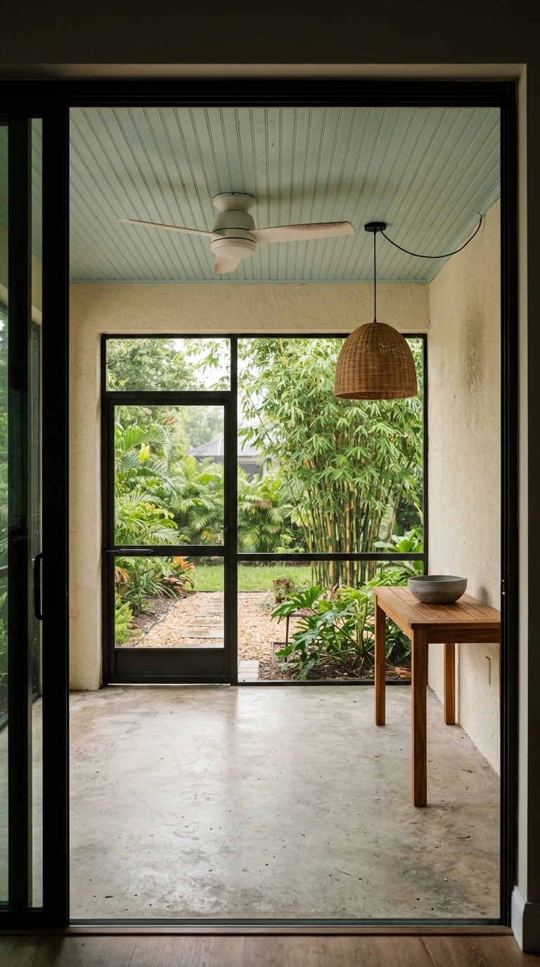 Covered lanai with pale blue-green beadboard ceiling, white fan, and rattan pendant