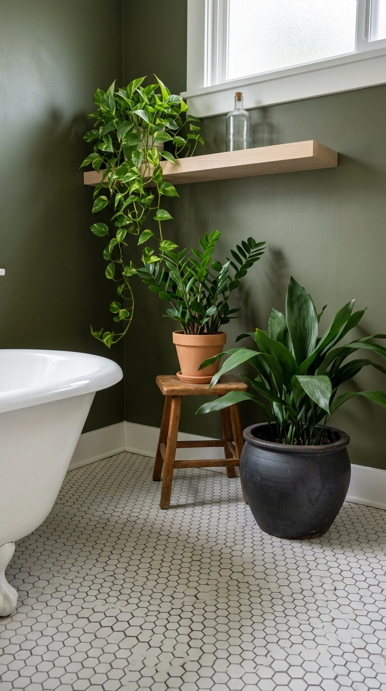 Pothos, ZZ plant, and cast iron plant grouped at three heights in an olive green bathroom corner