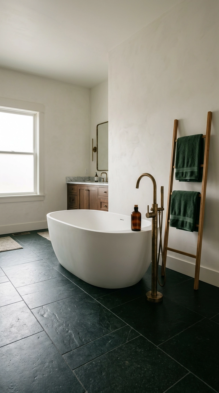 Large-format honed dark basalt floor tile in a white bathroom with a freestanding tub