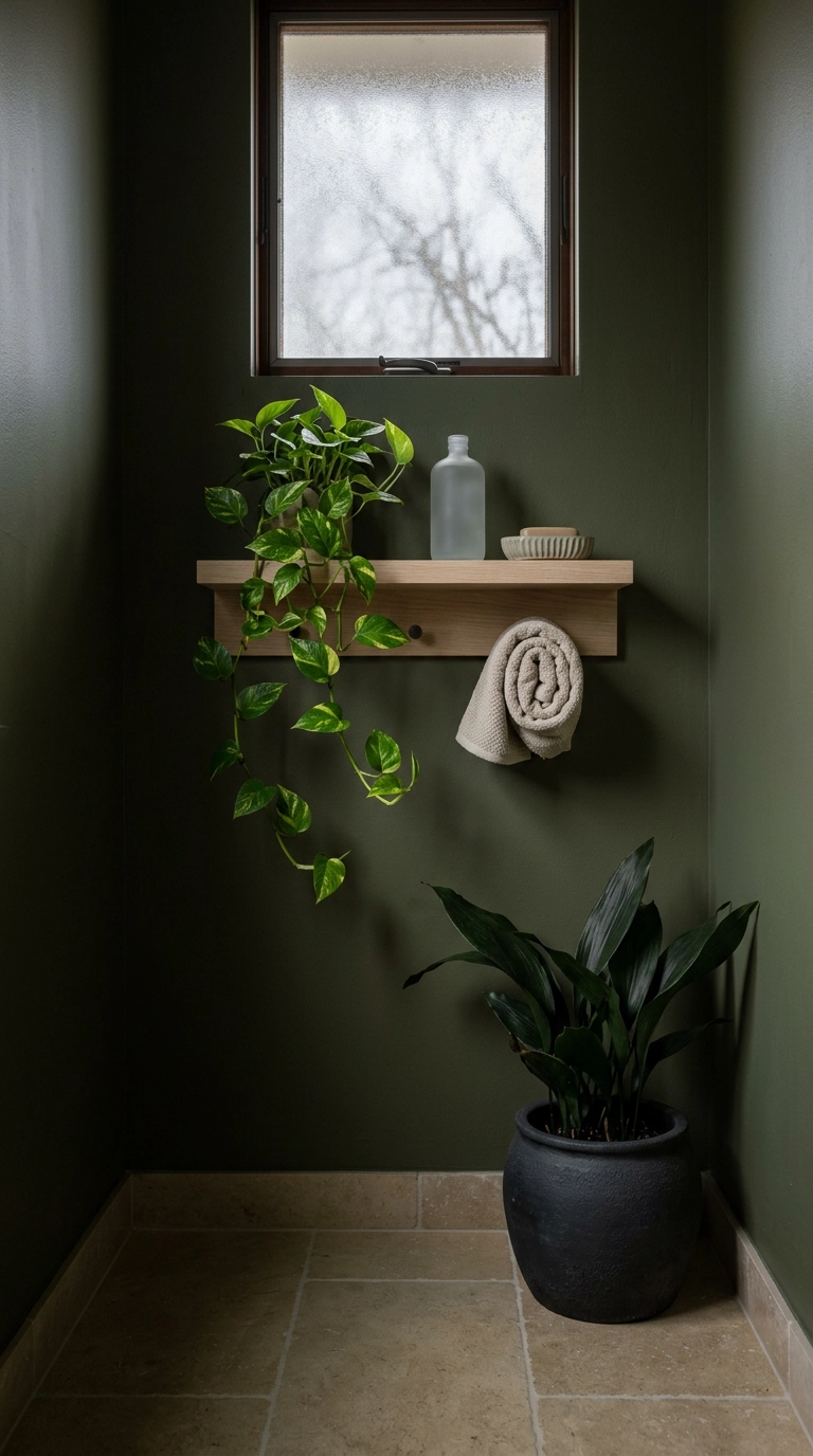 Trailing pothos on an oak shelf and a cast iron plant in a dim olive-green bathroom