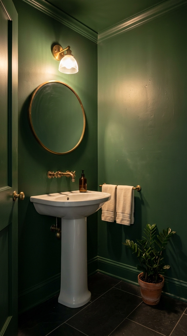Small bathroom drenched in deep forest green paint with a brass faucet and one ZZ plant