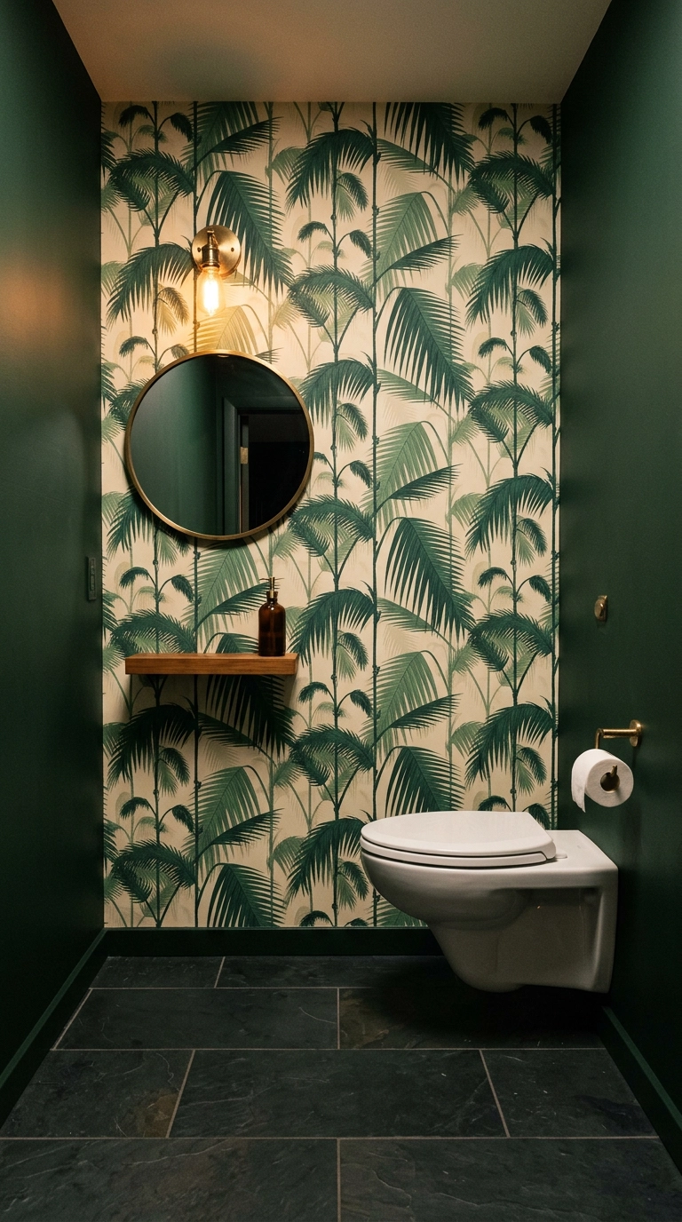 Large-scale botanical wallpaper on one wall of a deep green powder bathroom with brass fixtures