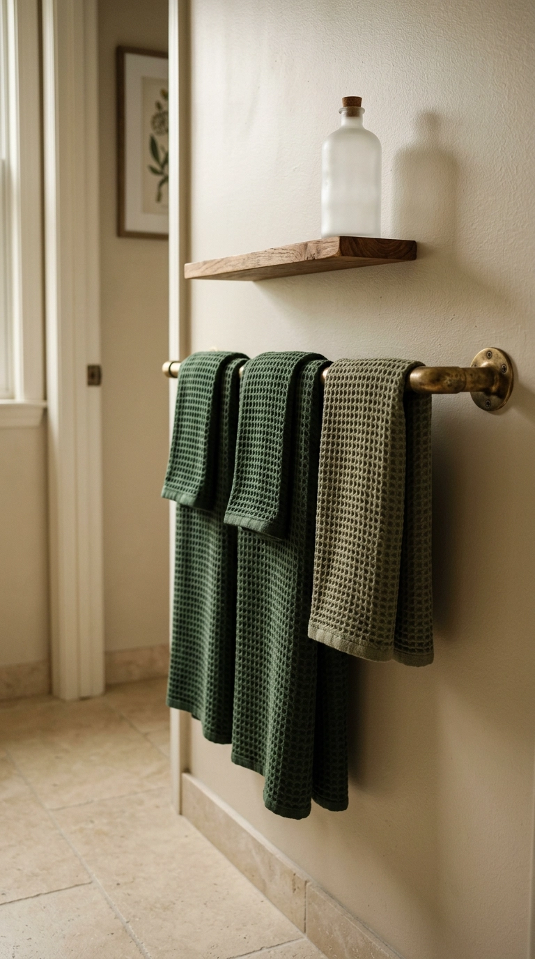 Three folded waffle-weave towels in two deep greens on an unlacquered brass rail