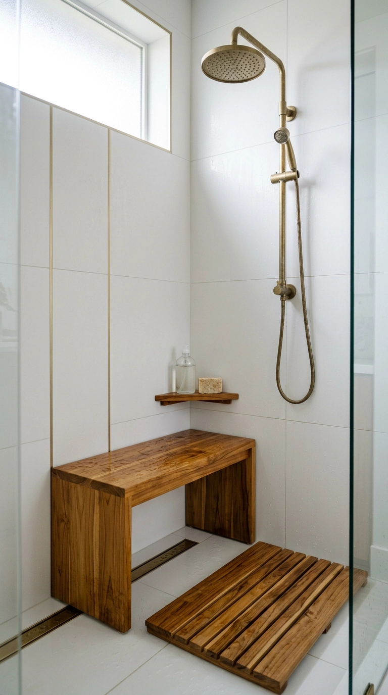 Teak shower bench and slatted floor mat in a white walk-in shower with a brass rain head