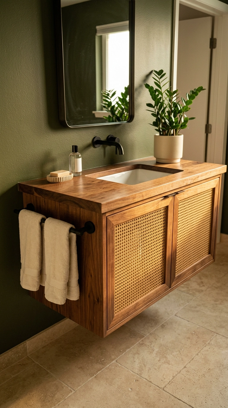 Floating vanity with cane webbing doors and a walnut top against an olive green wall
