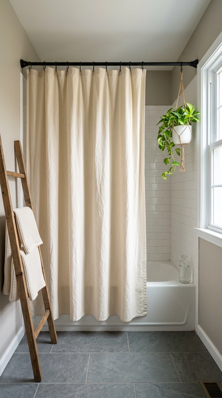 Unbleached cotton shower curtain hung near the ceiling beside a hanging pothos