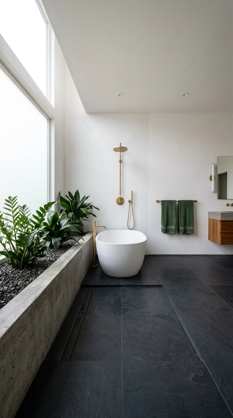 Open wet room with a planted concrete ledge, freestanding tub, and continuous slate floor