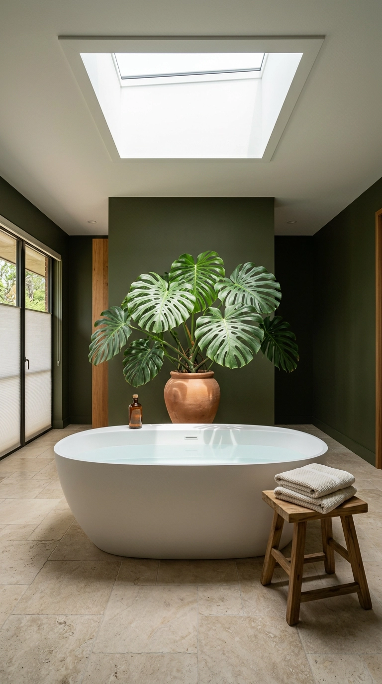 Skylight pouring daylight onto a monstera and freestanding tub in an olive green bathroom