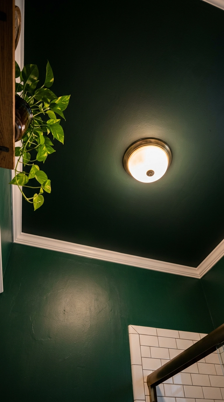 Near-black green bathroom ceiling above emerald walls with a frosted dome fixture