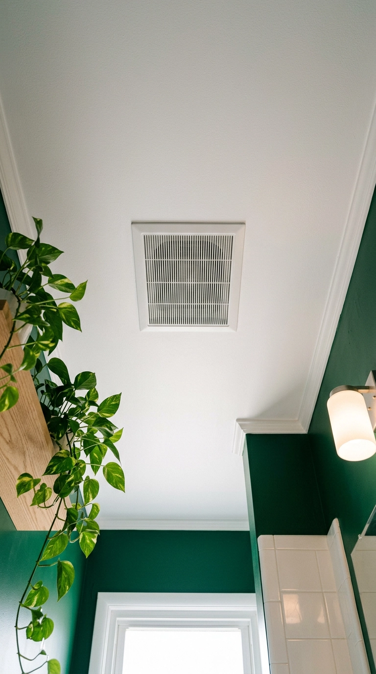 Flush ceiling ventilation fan grille in a white ceiling above emerald green bathroom walls