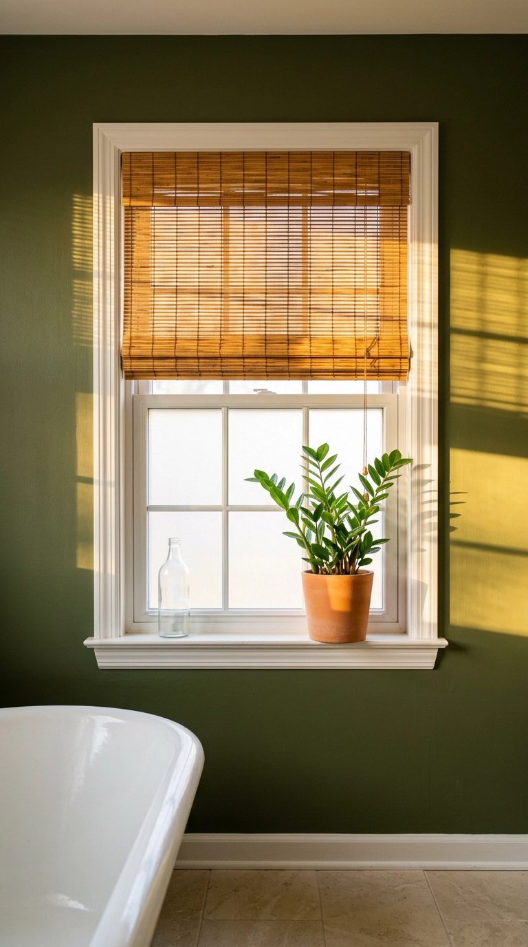 Woven bamboo roman shade filtering afternoon light onto an olive green bathroom wall