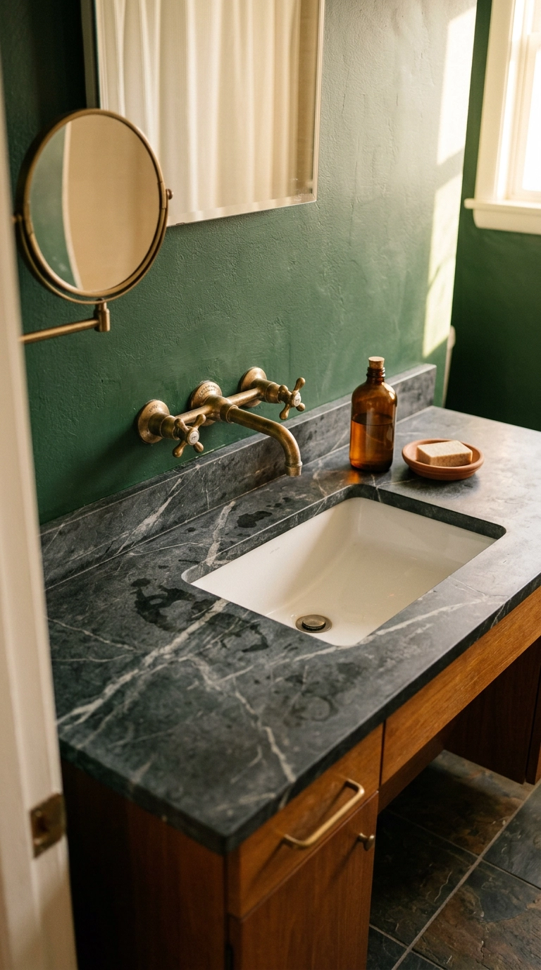 Honed soapstone vanity countertop with natural veining beside a jungle green wall