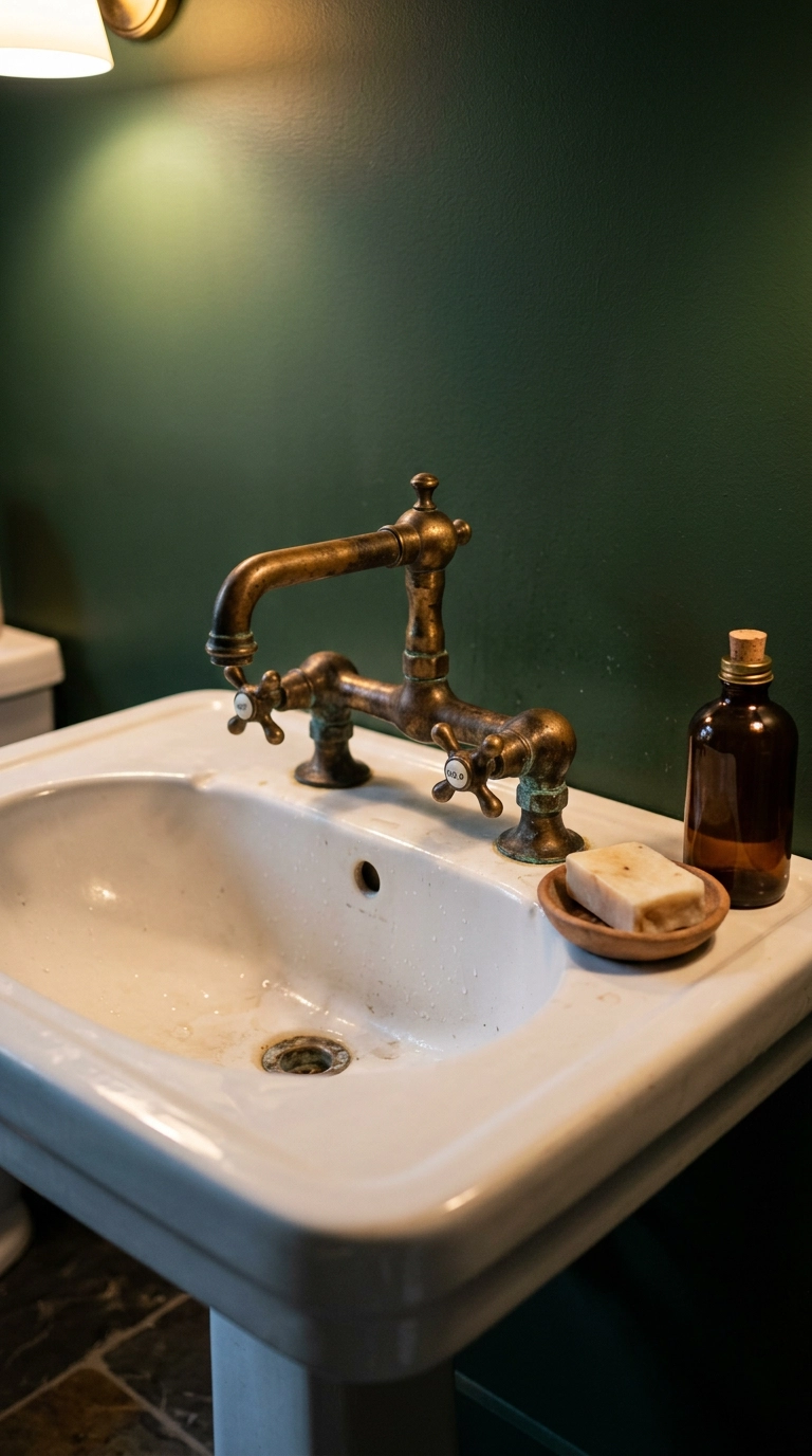 Unlacquered brass bridge faucet with dark patina on a white sink against a jungle green wall
