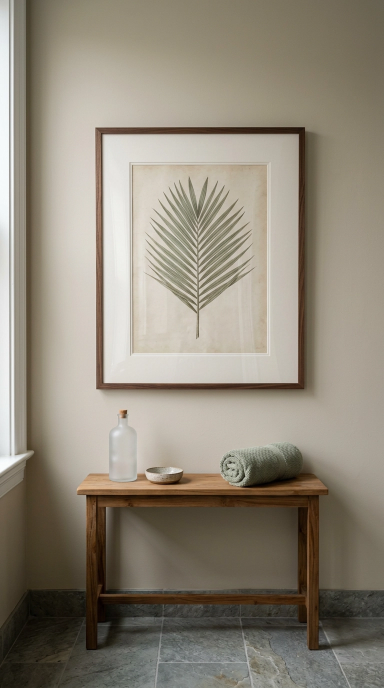 Large framed botanical palm frond study in a walnut frame above a teak console