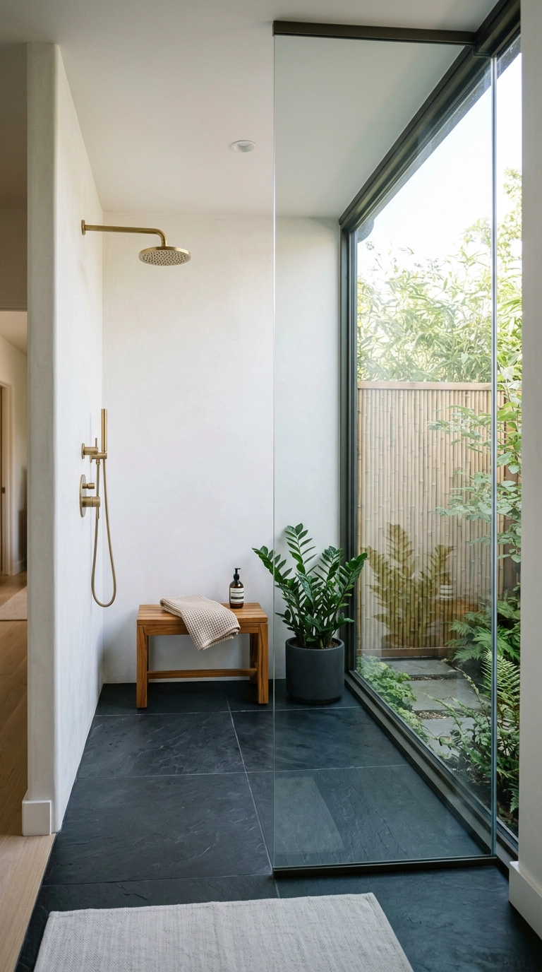 Walk-in shower with a glass wall opening to a private courtyard and a teak bench