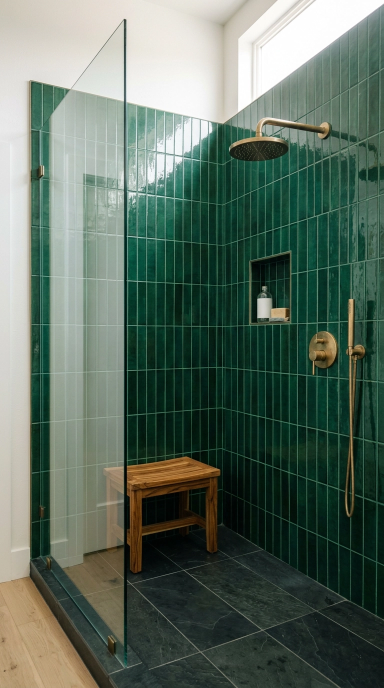 Floor-to-ceiling emerald green vertical stacked tile in a shower with brass fixtures