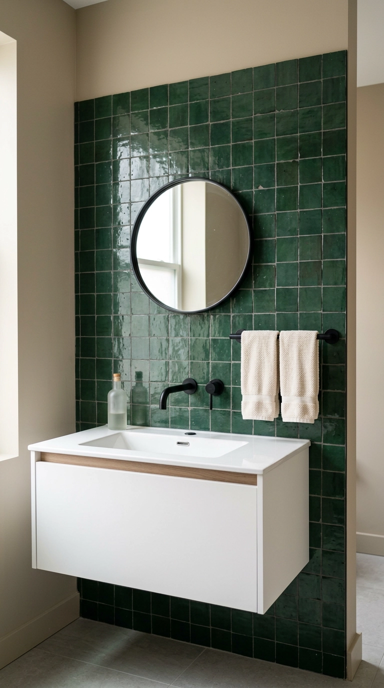 Deep green zellige-look peel-and-stick tile behind a white vanity in an apartment bathroom