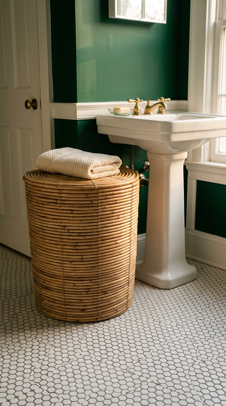 Large lidded rattan laundry basket beside a white pedestal sink on hexagon tile