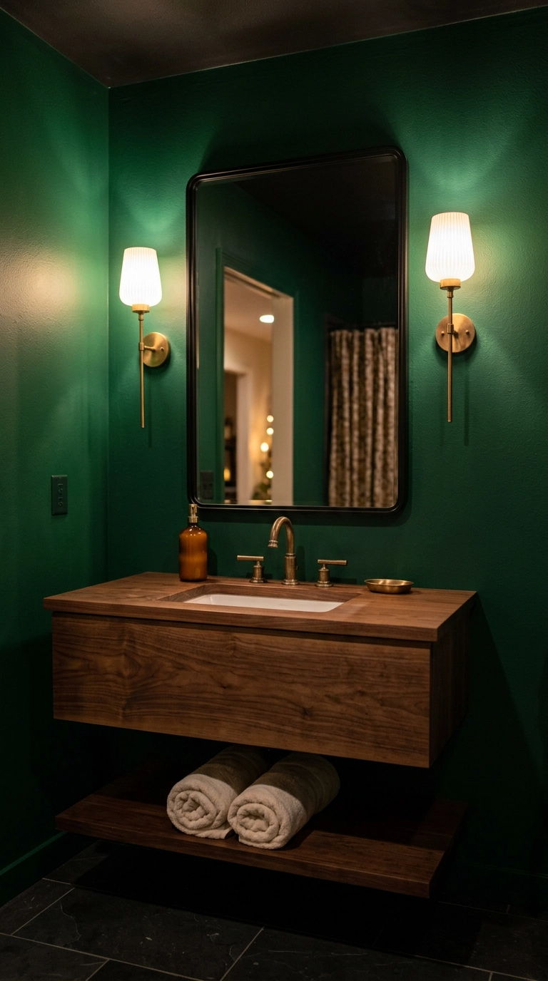 Two fluted opal glass sconces glowing warm beside a mirror on an emerald green wall