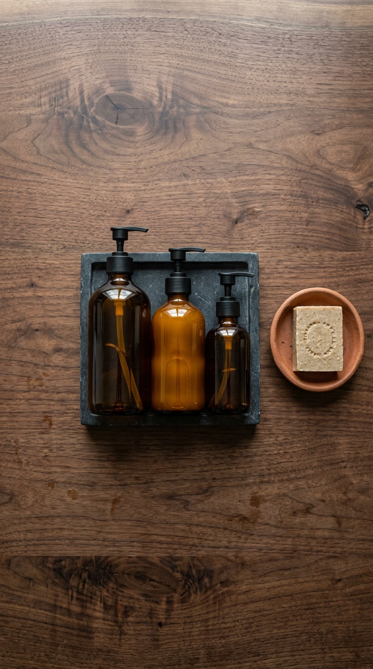Three plain amber glass pump bottles on a dark soapstone tray on a walnut vanity