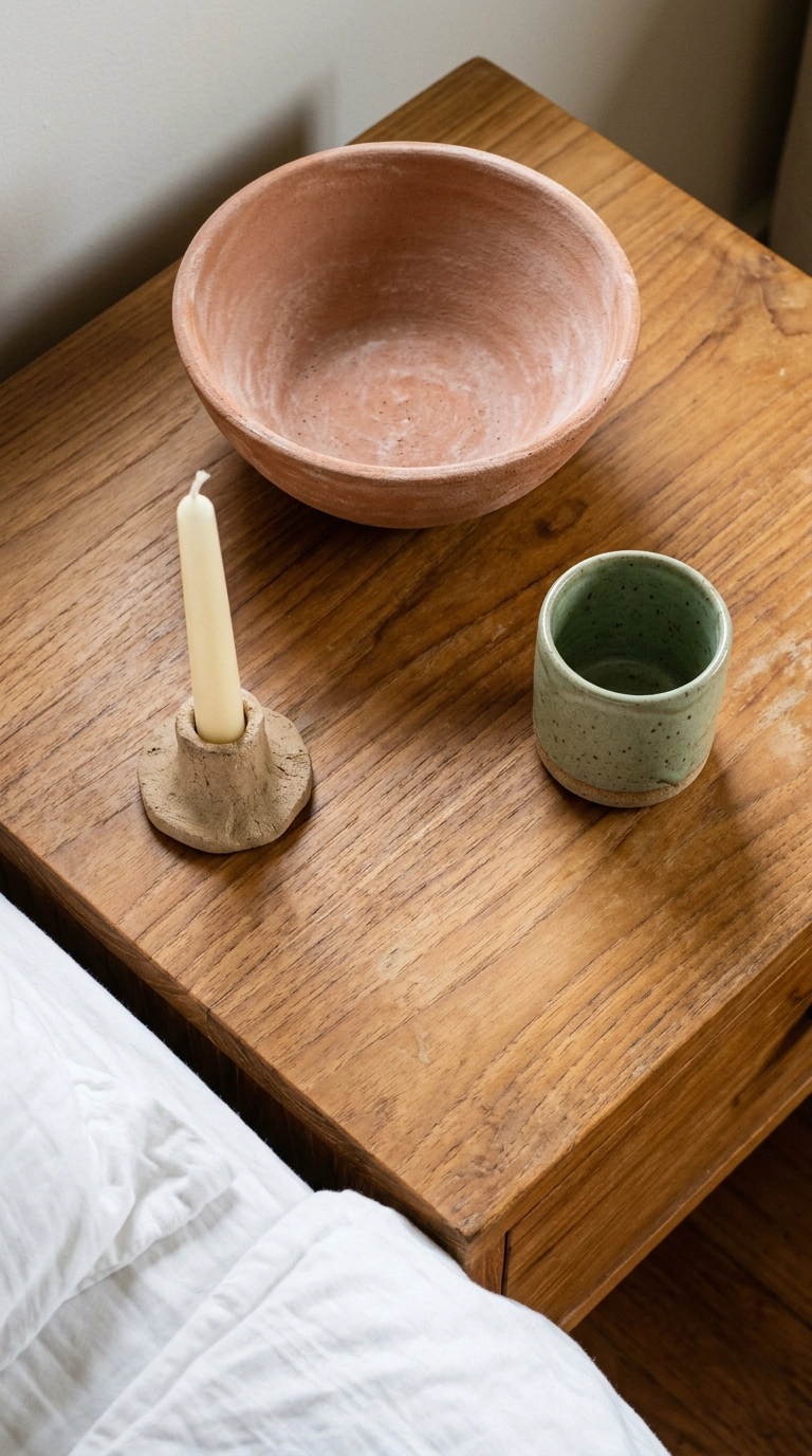 Overhead view of a terracotta bowl, green stoneware cup, and clay candle holder on a teak nightstand
