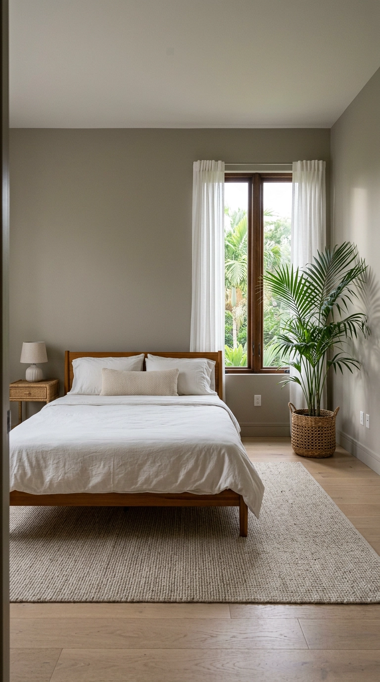 Single large kentia palm in a woven basket in the corner of a tropical bedroom