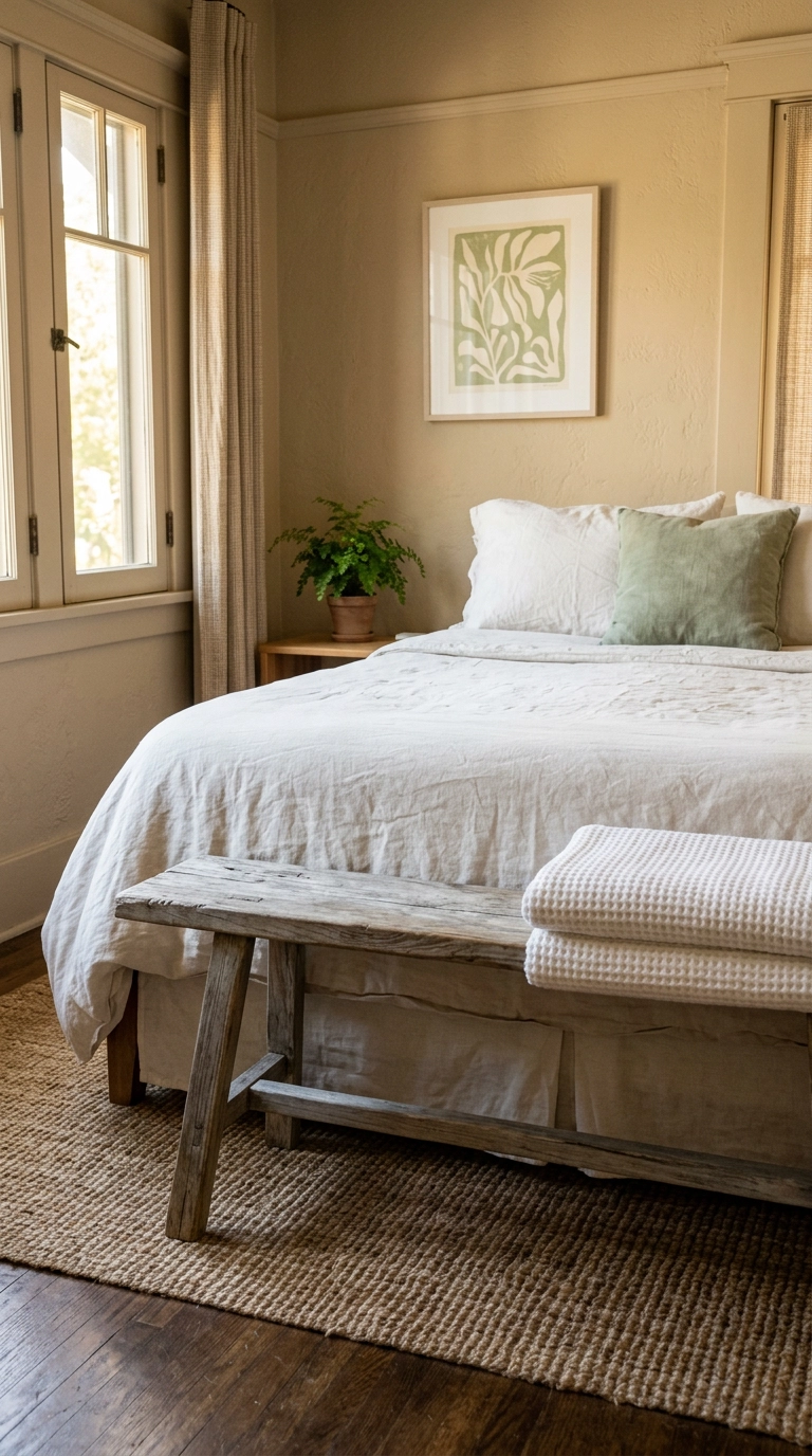 Silvered weathered teak bench at the foot of a bed with a folded white throw