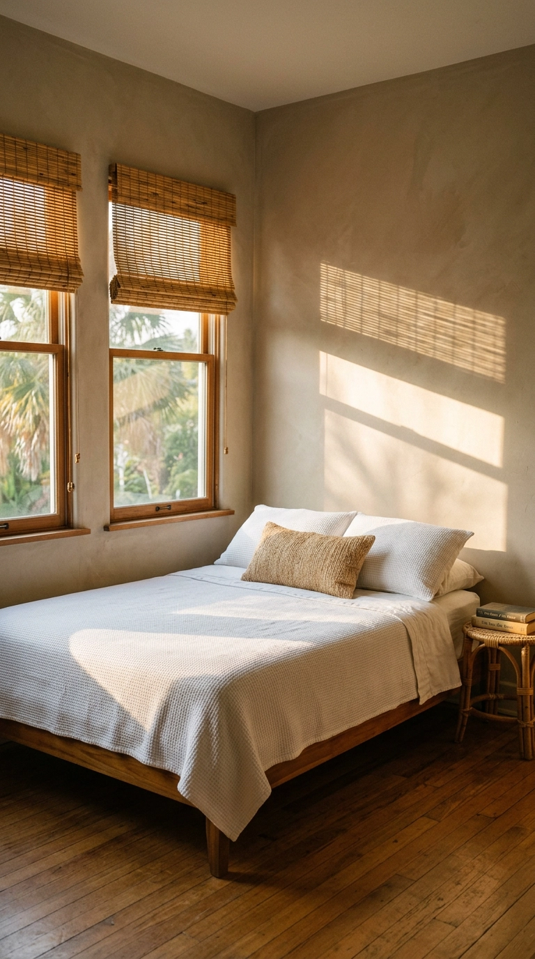 Bamboo roman shades casting dappled afternoon light across a teak bed