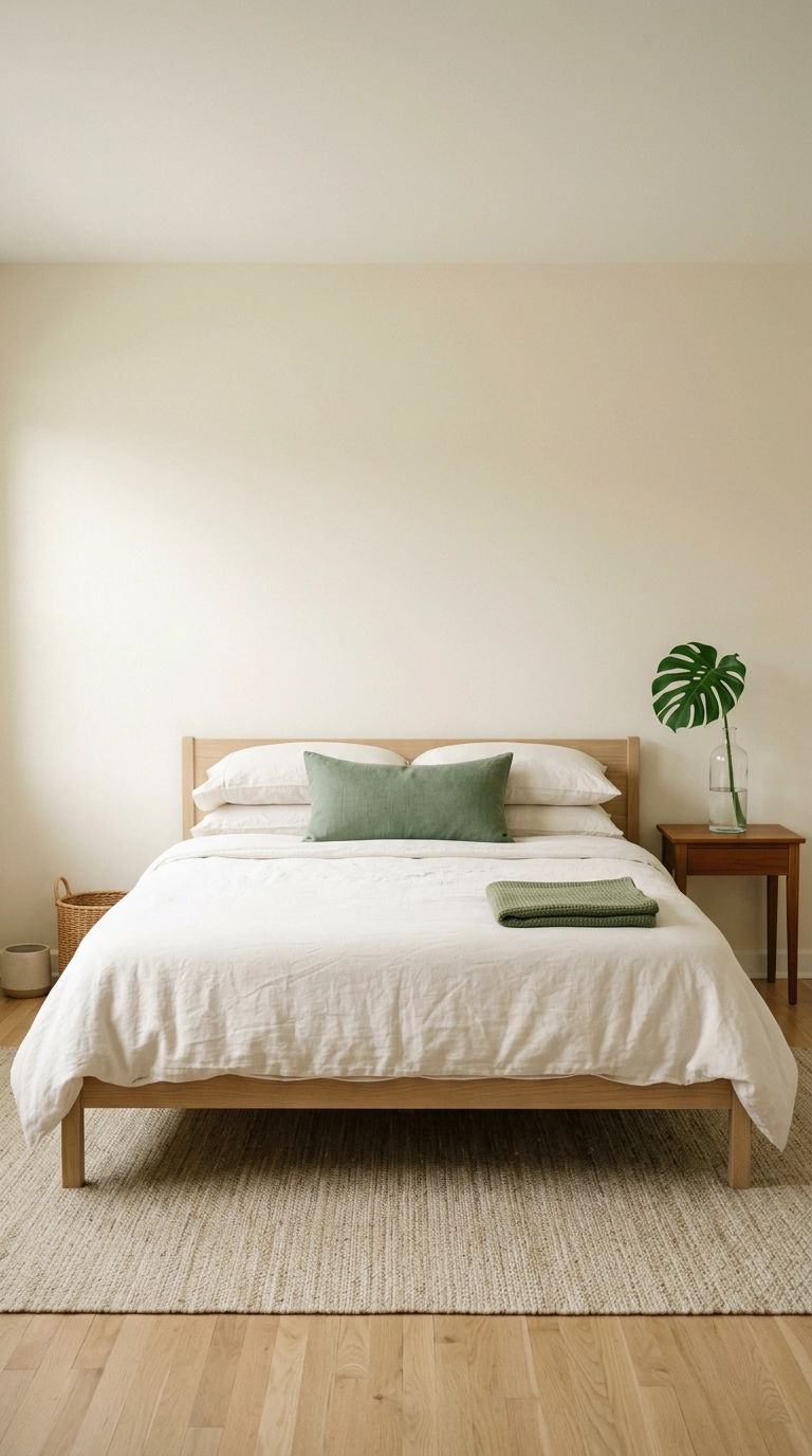 Neutral tropical bedroom with a green lumbar pillow, green throw, and one leaf in a glass bottle